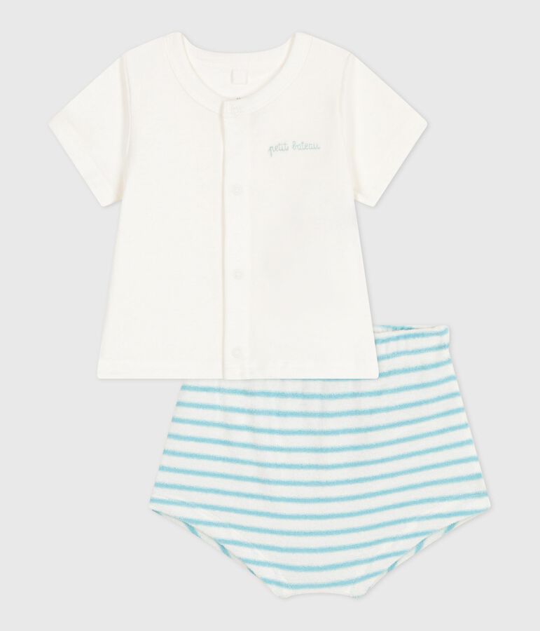 Newborn babies' two-piece cotton set with a stripy bottom half white/blue