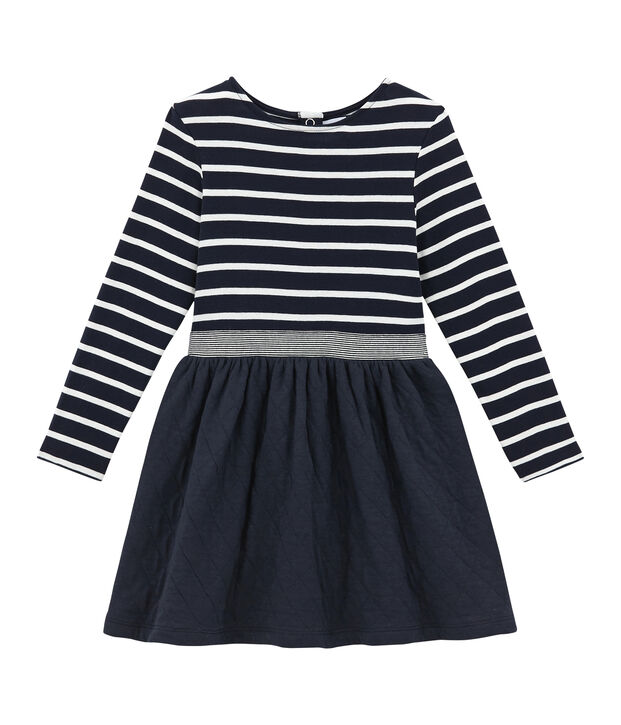 Girl's dual fabric striped dress blue/white