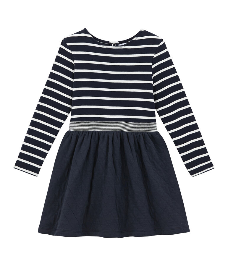 Girl's dual fabric striped dress SMOKING blue/MARSHMALLOW white