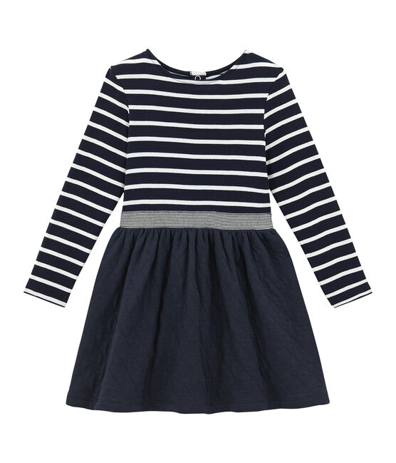 Girl's dual fabric striped dress SMOKING blue/MARSHMALLOW white