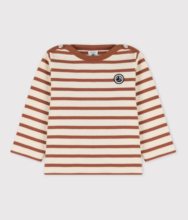 Babies' Thick Cotton Jersey Breton Top Ecru/brown