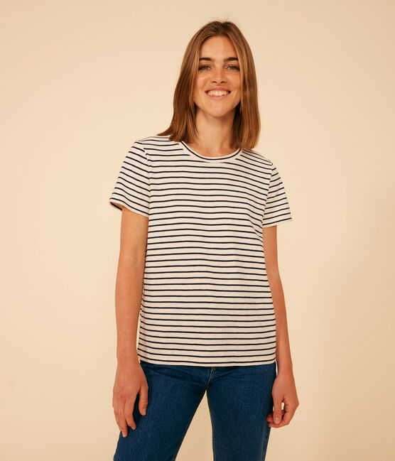 Women's Straight Round-Neck Cotton T-Shirt AVALANCHE white/SMOKING blue