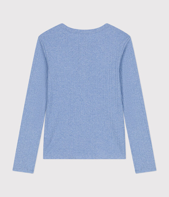 Women's plain drop needle rib knit t-shirt with long sleeves and a grandad neckline SKY CHINE blue