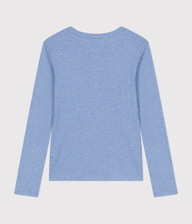 Women's plain drop needle rib knit t-shirt with long sleeves and a grandad neckline blue