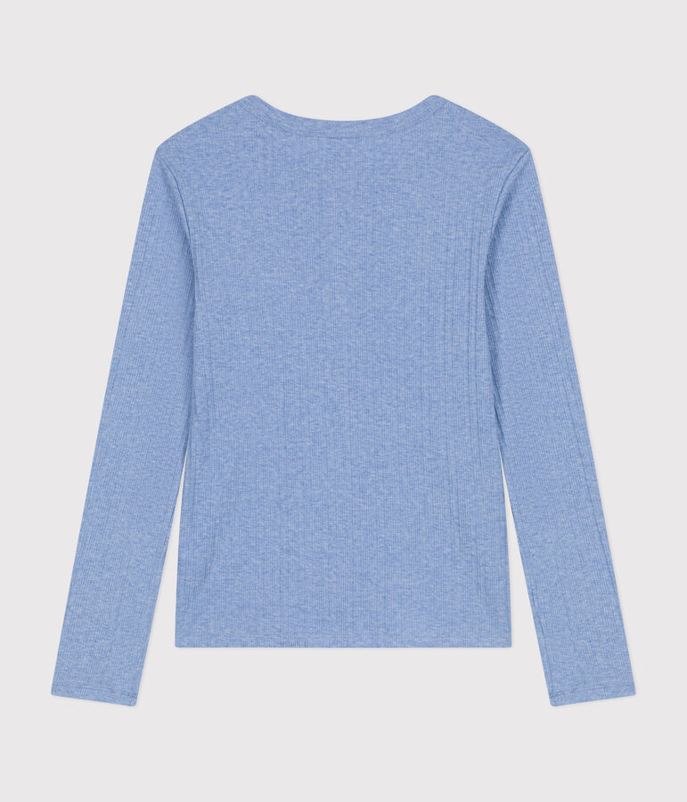 Women's plain drop needle rib knit t-shirt with long sleeves and a grandad neckline blue