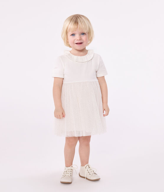 Babies' short-sleeved cotton and tulle dress with a ruff MARSHMALLOW white/COPPER pink