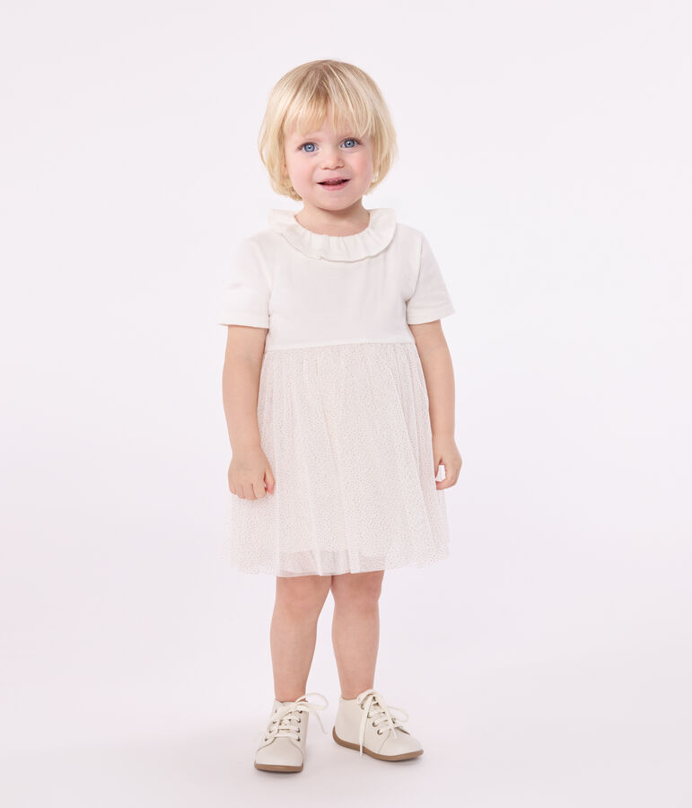 Babies' short-sleeved cotton and tulle dress with a ruff white/pink