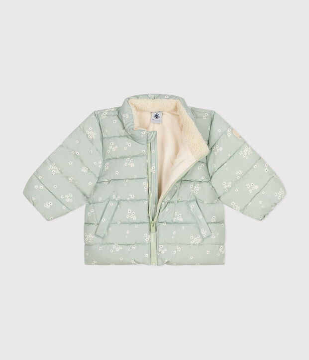 Babies' printed  puffer jacket with a retractable hood green/multicolor