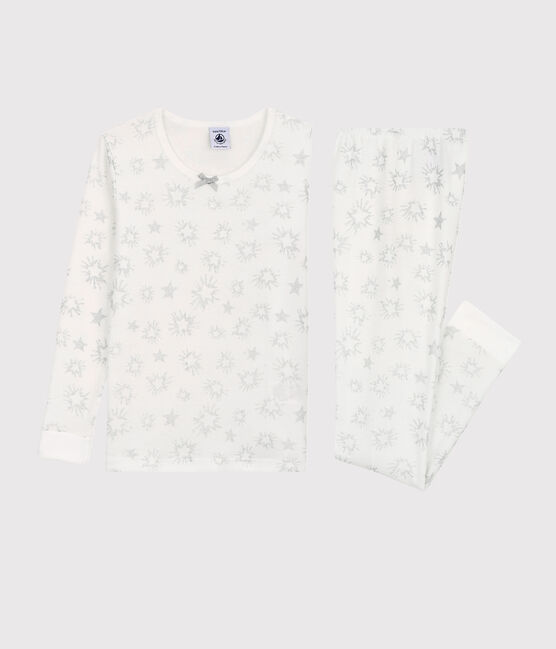 Girls' Snugfit Sparkly Star Cotton Pyjamas MARSHMALLOW white/MULTICO white