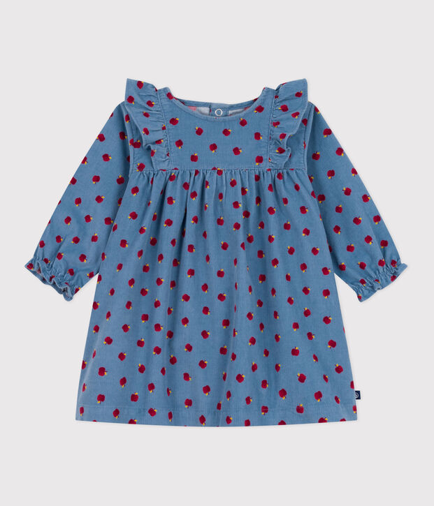 Babies' long-sleeved apple-print corduroy dress blue/multicolor