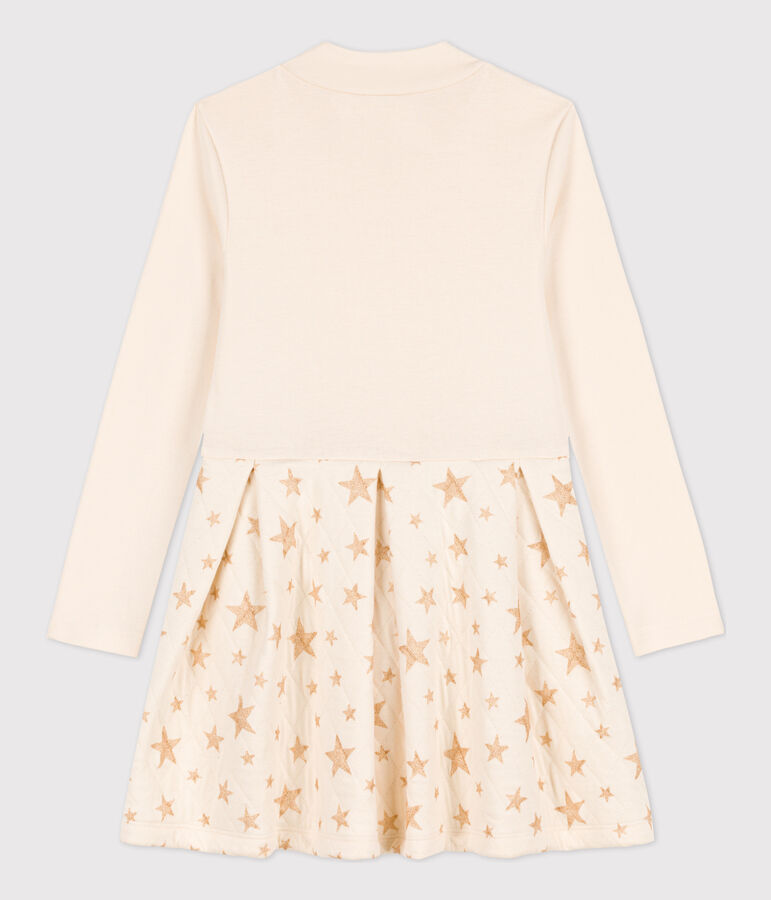 Girls' Long-Sleeved Dual-Material Dress Ecru