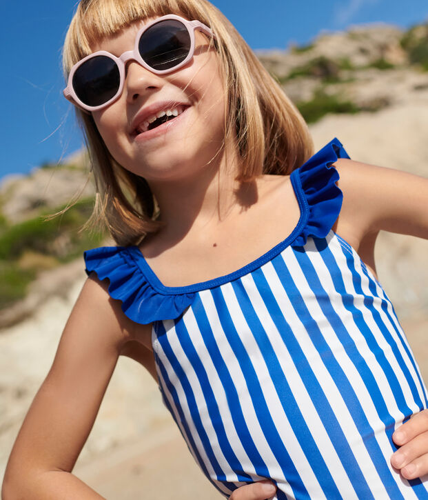 Children's one-piece stripy swimsuit blue/white