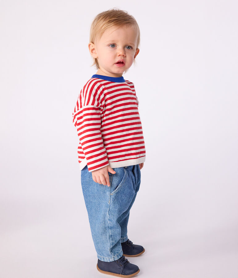 Babies' long-sleeved stripy cotton T-Shirt POMPEI red/MILK