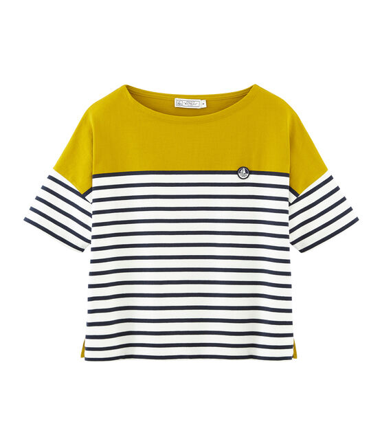 Women's short-sleeved stripy breton top BAMBOO yellow/MARSHMALLOW white/SMOKING