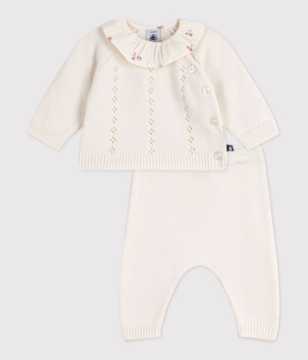 Babies' 2-piece set in wool and cotton with a flower-patterned ruff white