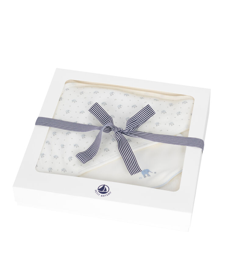 Baby boys' square bath towel and bib. multicolor