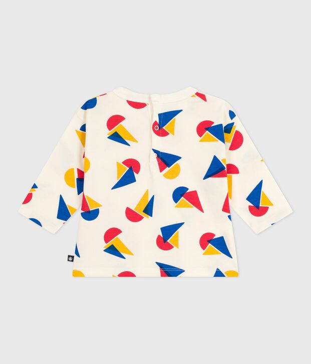 Babies' long-sleeved boat-print cotton T-shirt Ecru/multicolor