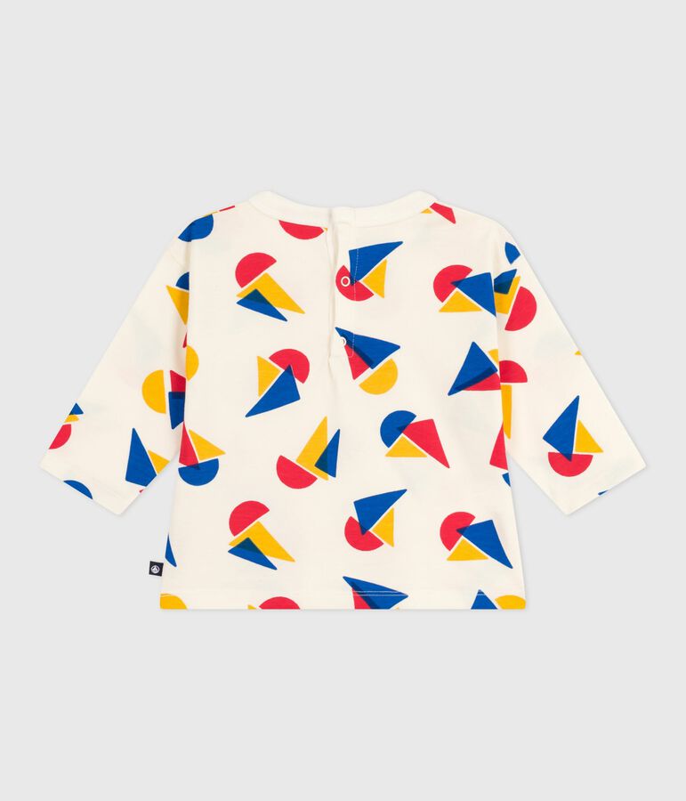Babies' long-sleeved boat-print cotton T-shirt Ecru/multicolor