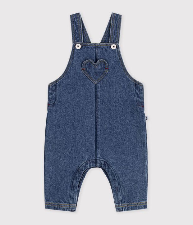 Babies' long-leg denim dungarees with a heart-shaped pocket blue