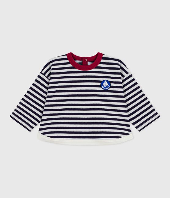 Babies' long-sleeved stripy cotton T-Shirt SOIR blue/MILK
