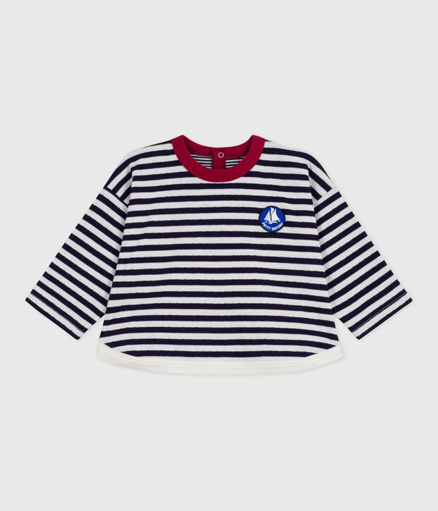 Babies' long-sleeved stripy cotton T-Shirt blue/ecru