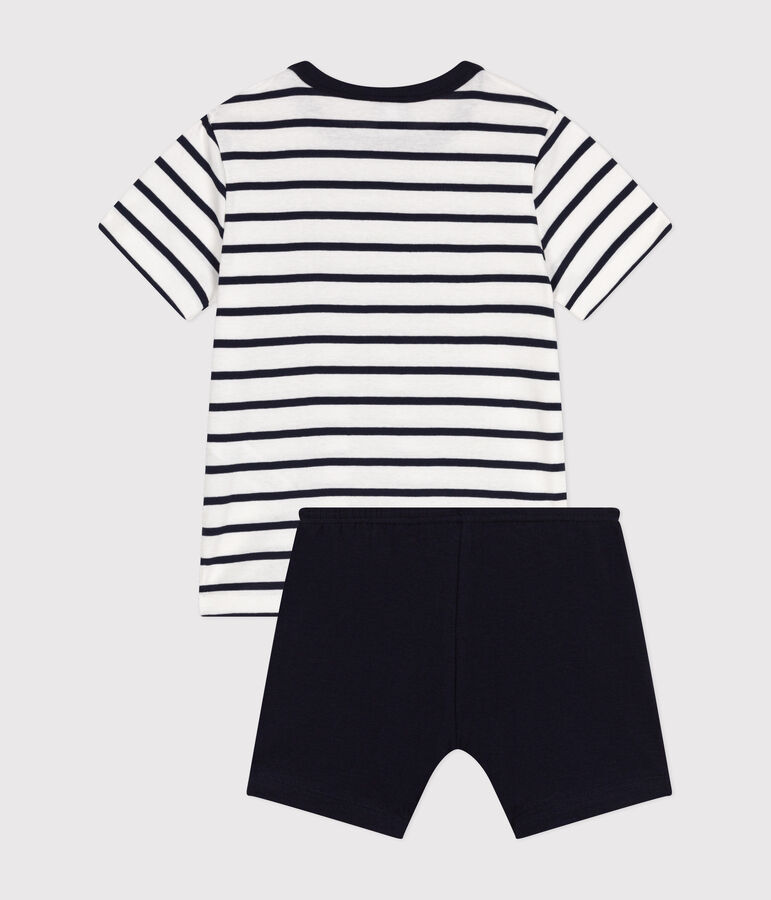 Boys' Short Cotton Pyjamas with Sailor Stripes MARSHMALLOW white/SMOKING blue