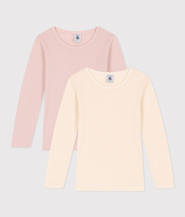 Girls' Long-Sleeved Cotton Openwork T-Shirt - 2-Pack multicolor