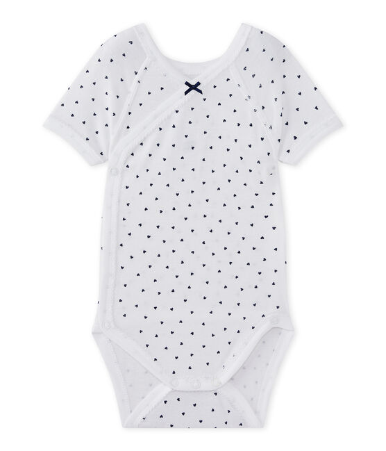 Newborn baby girls' short-sleeved printed bodysuit ECUME white/MEDIEVAL blue
