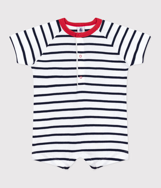 Babies' short-sleeved stripy cotton playsuit with a contrast collar MARSHMALLOW white/SMOKING blue