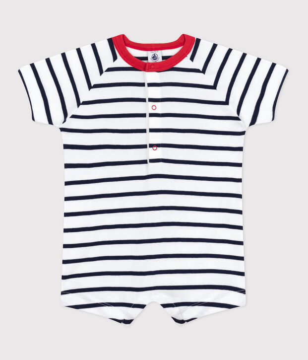 Babies' short-sleeved stripy cotton playsuit with a contrast collar white/blue