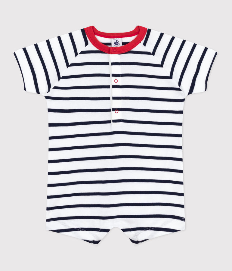 Babies' short-sleeved stripy cotton playsuit with a contrast collar white/blue