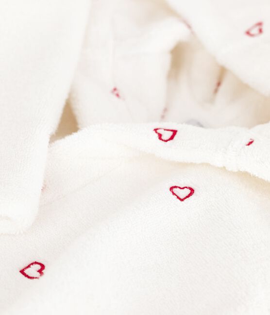 Children's cotton terry bathrobe with embroidered hearts MARSHMALLOW white/TERKUIT red