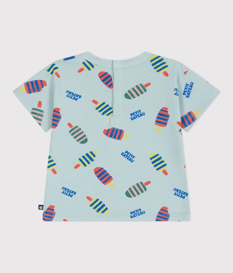 Babies' short-sleeved seagull-print cotton T-shirt blue/multicolor
