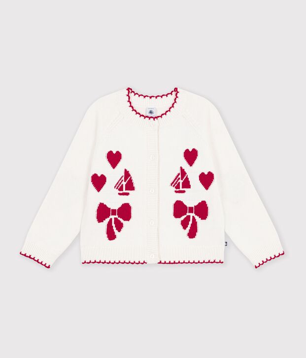 Children's wool and cotton cardigan with little motifs white/red