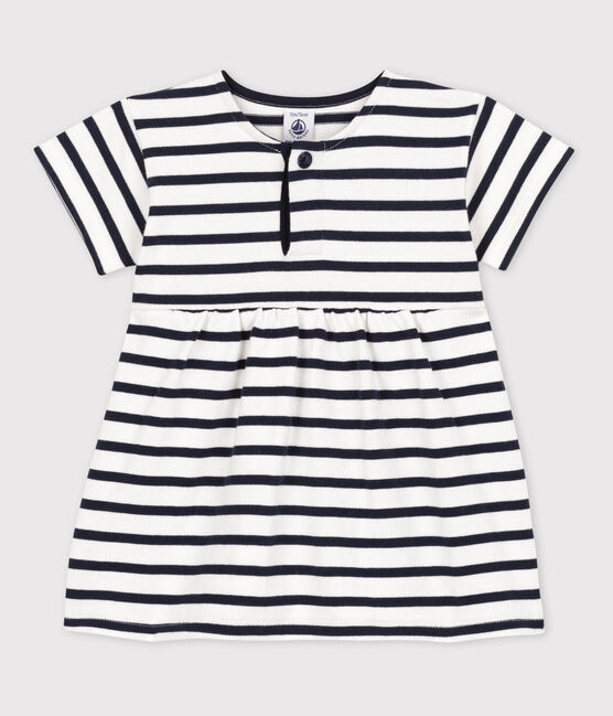 Babies' Short-Sleeved Stripy Thick Jersey Breton Dress MARSHMALLOW white/SMOKING blue