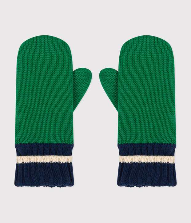 Children's knitted polar fleece-lined mittens green/multicolor