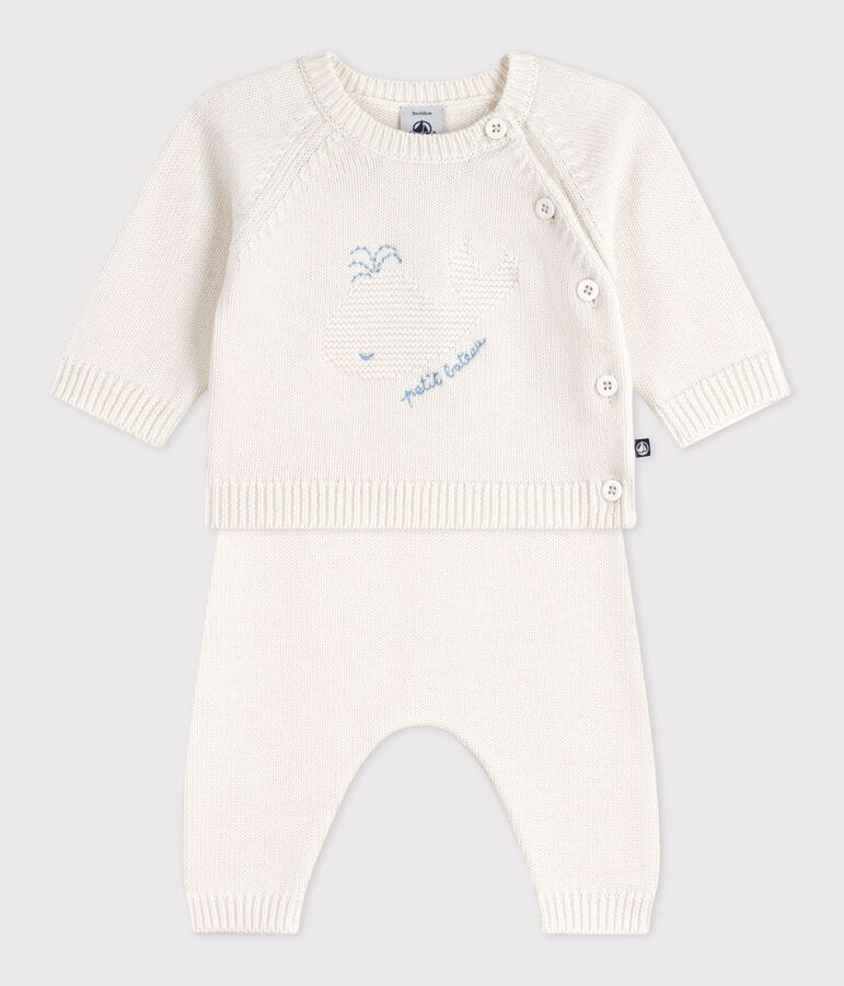 Babies' knitted wool and cotton outfit with a whale design MARSHMALLOW white