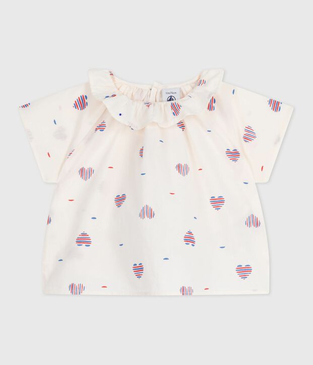 Babies' short-sleeved blouse in cotton with a heart print Ecru/multicolor