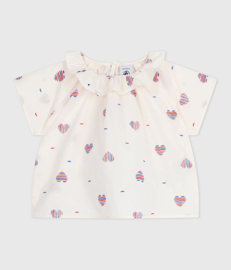Babies' short-sleeved blouse in cotton with a heart print Ecru/multicolor