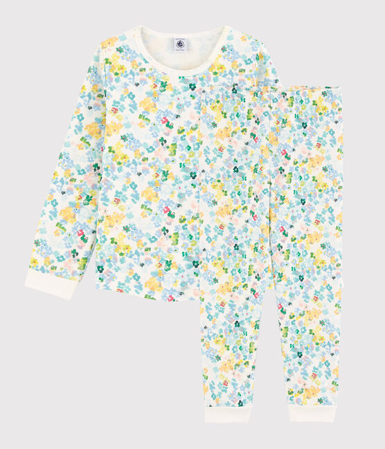 Girls' Watercolour Flowers Fleece Pyjamas MARSHMALLOW white/MULTICO white