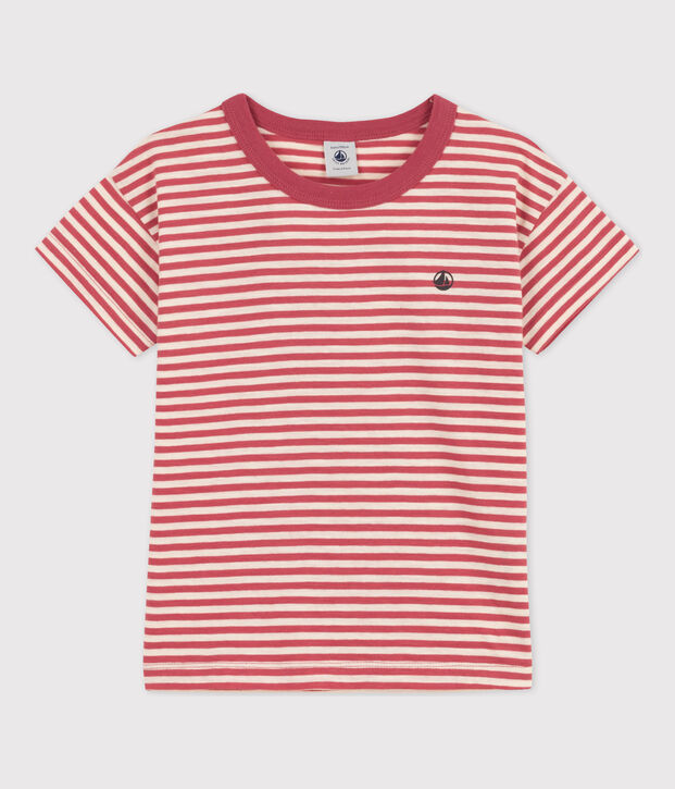 Boys' Striped Cotton T-Shirt pink/ecru