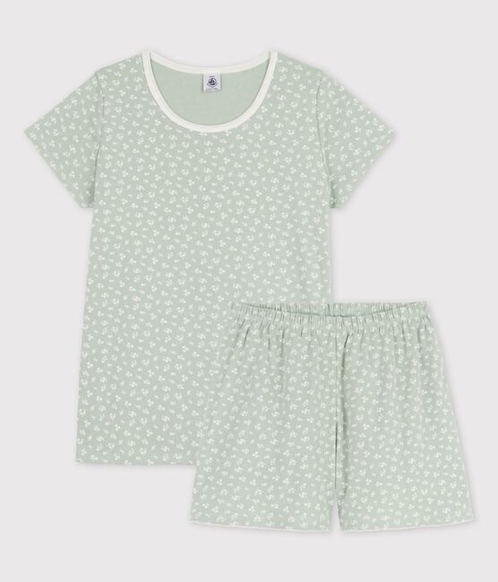 Girls' Cotton Short Pyjamas with Floral Pattern HERBIER green/MARSHMALLOW