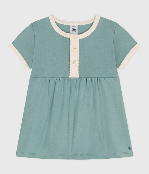 Babies' short-sleeved plain cotton dress with contrasting details green