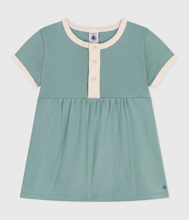 Babies' short-sleeved plain cotton dress with contrasting details green
