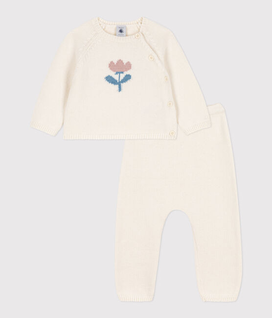 Babies' Wool/Cotton Knit 2-Piece Outfit MARSHMALLOW white