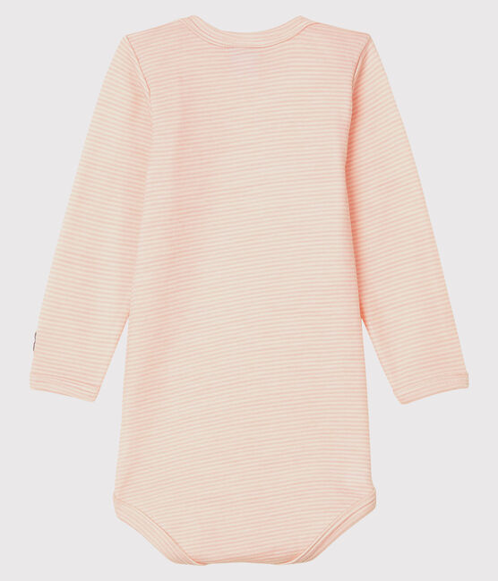 Babies' Striped Long-Sleeved Bodysuit in Cotton/Wool CHARME pink/MARSHMALLOW white
