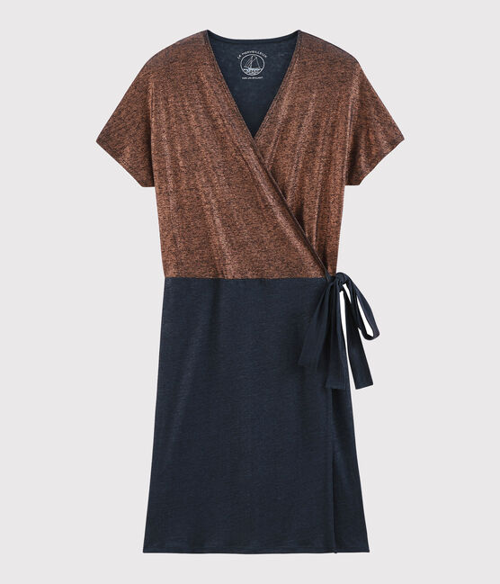 Women's iridescent linen short-sleeved dress SMOKING blue/COPPER pink