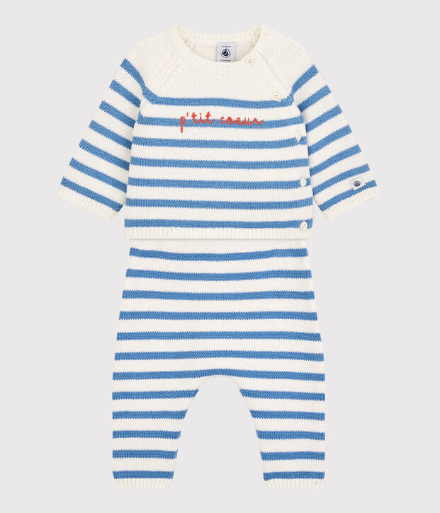 Babies' Wool/Cotton Knit Sailor Striped Clothing - 3-Piece Set white/blue