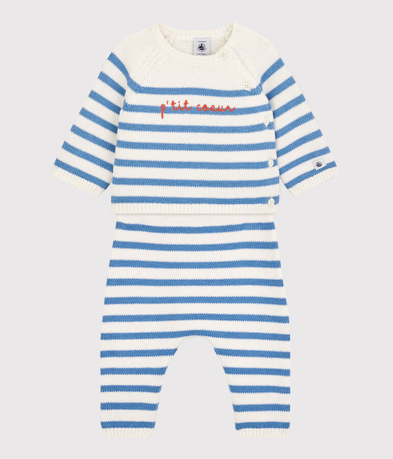 Babies' Wool/Cotton Knit Sailor Striped Clothing - 3-Piece Set white/blue