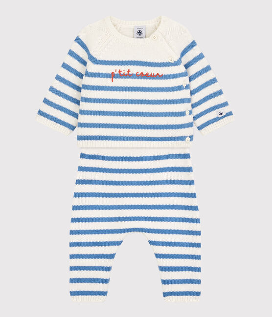 Babies' Wool/Cotton Knit Sailor Striped Clothing - 3-Piece Set MARSHMALLOW white/ALASKA blue